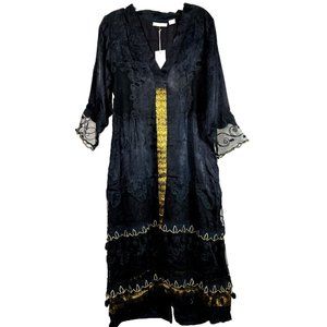 M NWD Nataya Black Mesh Gold Trim Flapper Goth Style Dress Net Pom Pom Ball